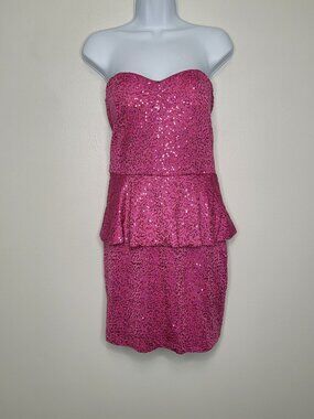 AS U WISH Pink Sequin Peplum Strapless Mini Dress Size XL Y2K Homecoming Party